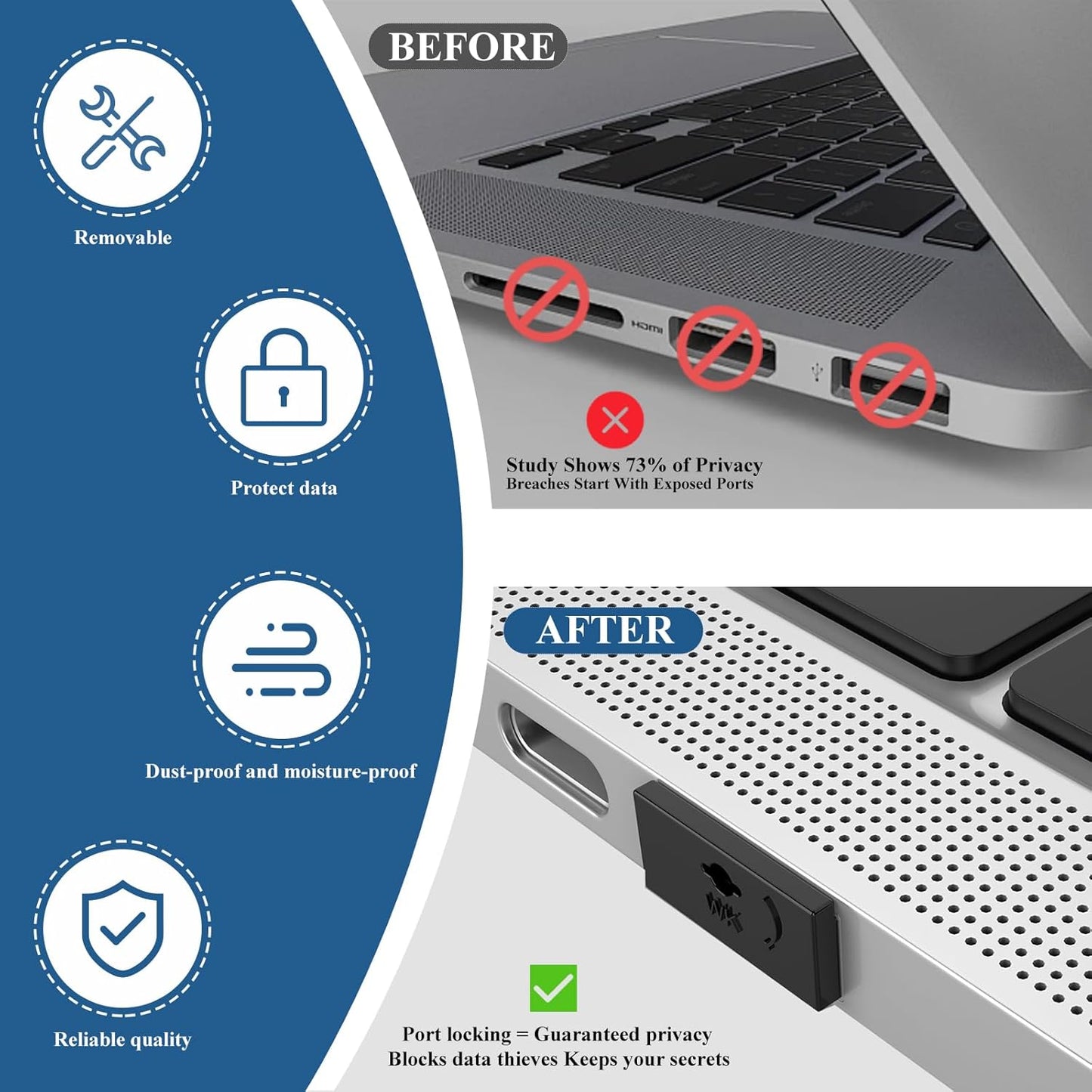 7 PCS USB Port Blockers with 1 Locks for PC, Laptop Removable Type-A Data Protection,Dust & Moisture Resistant Shield（Mixed Colors Packs Svailable for Port Sorting）