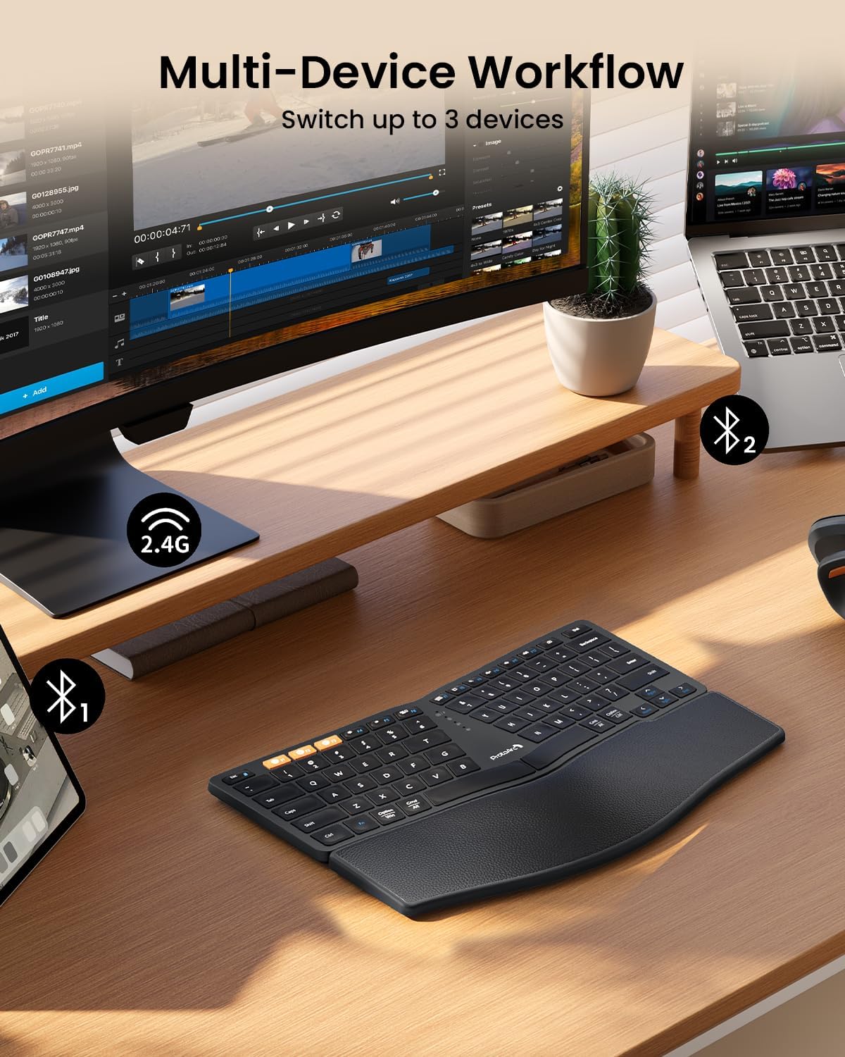 ProtoArc Bluetooth Ergonomic Keyboard, EK04 Mini Compact Wireless Ergo Keyboard with Palm Rest, Split Design, Natural Typing, Bluetooth and USB, Rechargeable, for Windows/Mac - Black