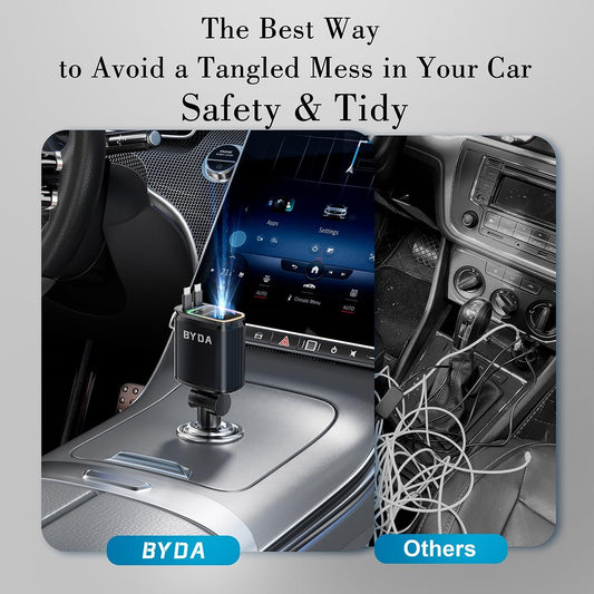 Fast Car Charger 4 in 1 Retractable Car Charger 69W with Starry Light,USB-C Fast Car Accessories,Compatible with All iPhones All Android Phones (Grey, Dual Cord USB-C)