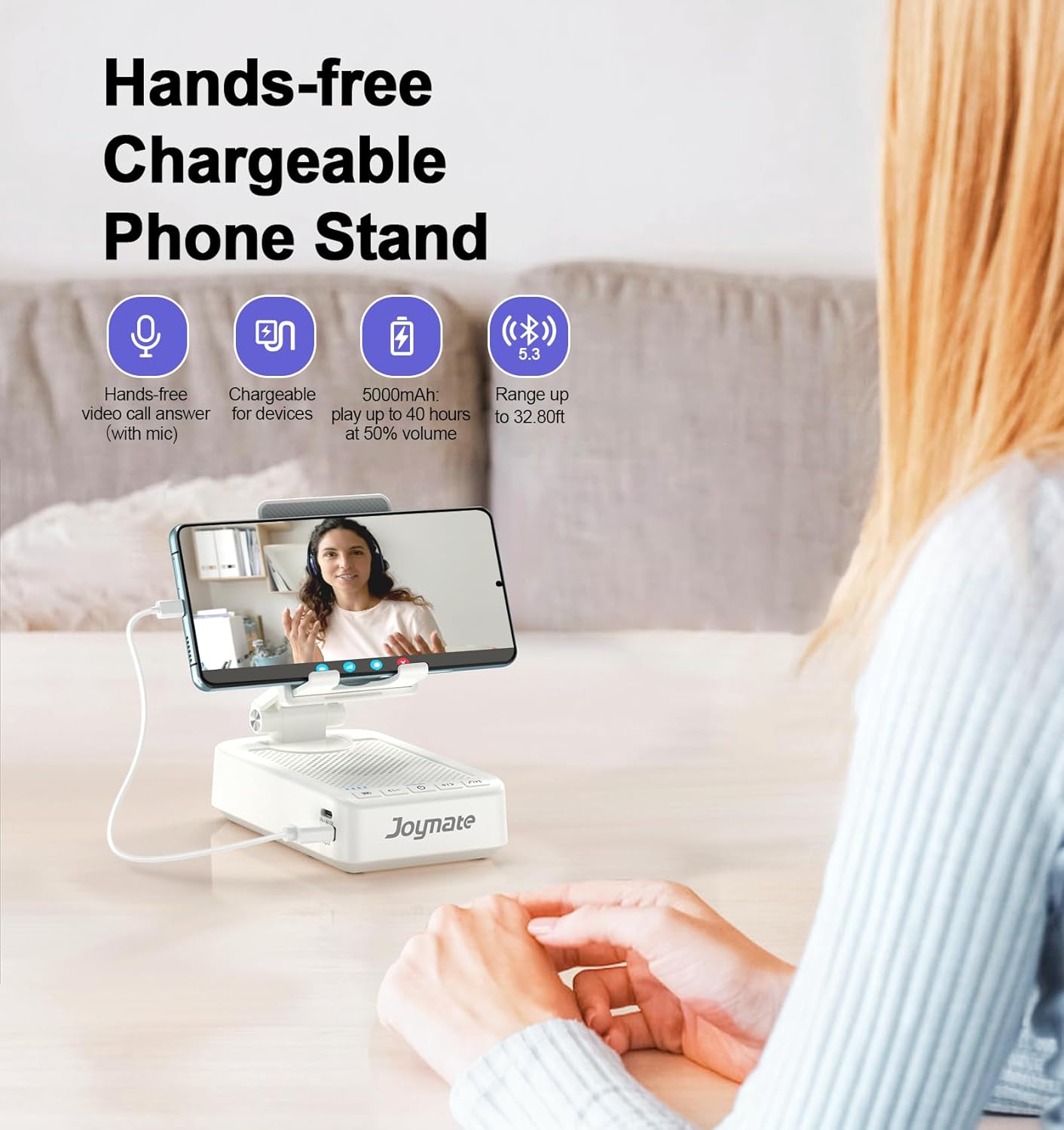 Gifts for Men Women, Bluetooth Speaker Phone Stand with Charging Function 360° Rotable Adjustable Cell Phone Holder HD Surround Sound for Desk Fits All Phones,Tablet (White)