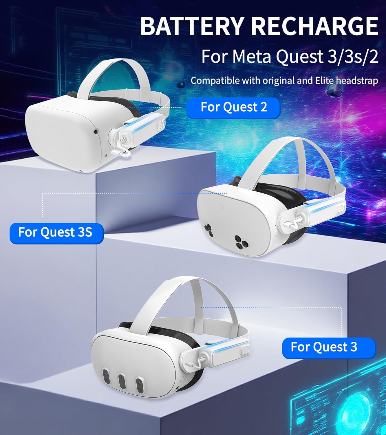 Battery Pack for Meta/Oculus Quest 3S/3/2,5000mAh Battery VR Charger, Extend 2-4 Hours Playtime, Lightweight Fast Charging VR Headset Safe Power Bank for Meta Quest 3S/3/2 Accessories