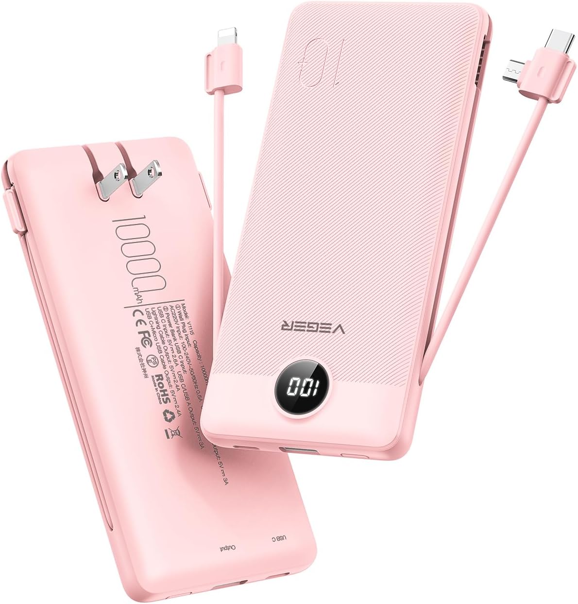 VEGER Portable Charger for iPhone with Built in Cables and Wall Plug, 10000mah Slim Fast Charging USB C Power Bank, Travel Essential Battery Pack Compatible with iPhone, iPad, Samsung etc(Crepe)
