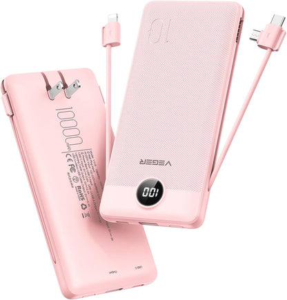 VEGER Portable Charger for iPhone with Built in Cables and Wall Plug, 10000mah Slim Fast Charging USB C Power Bank, Travel Essential Battery Pack Compatible with iPhone, iPad, Samsung etc(Crepe)