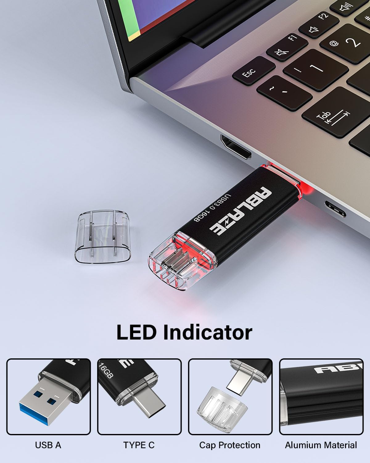 ABLAZE Type C Flash Drive 16GB, Dual USB 3.0+ USB C Flash Drive Compatible with iPhone 16/15,Android Smartphone,Computer,Tablet Mac Laptop
