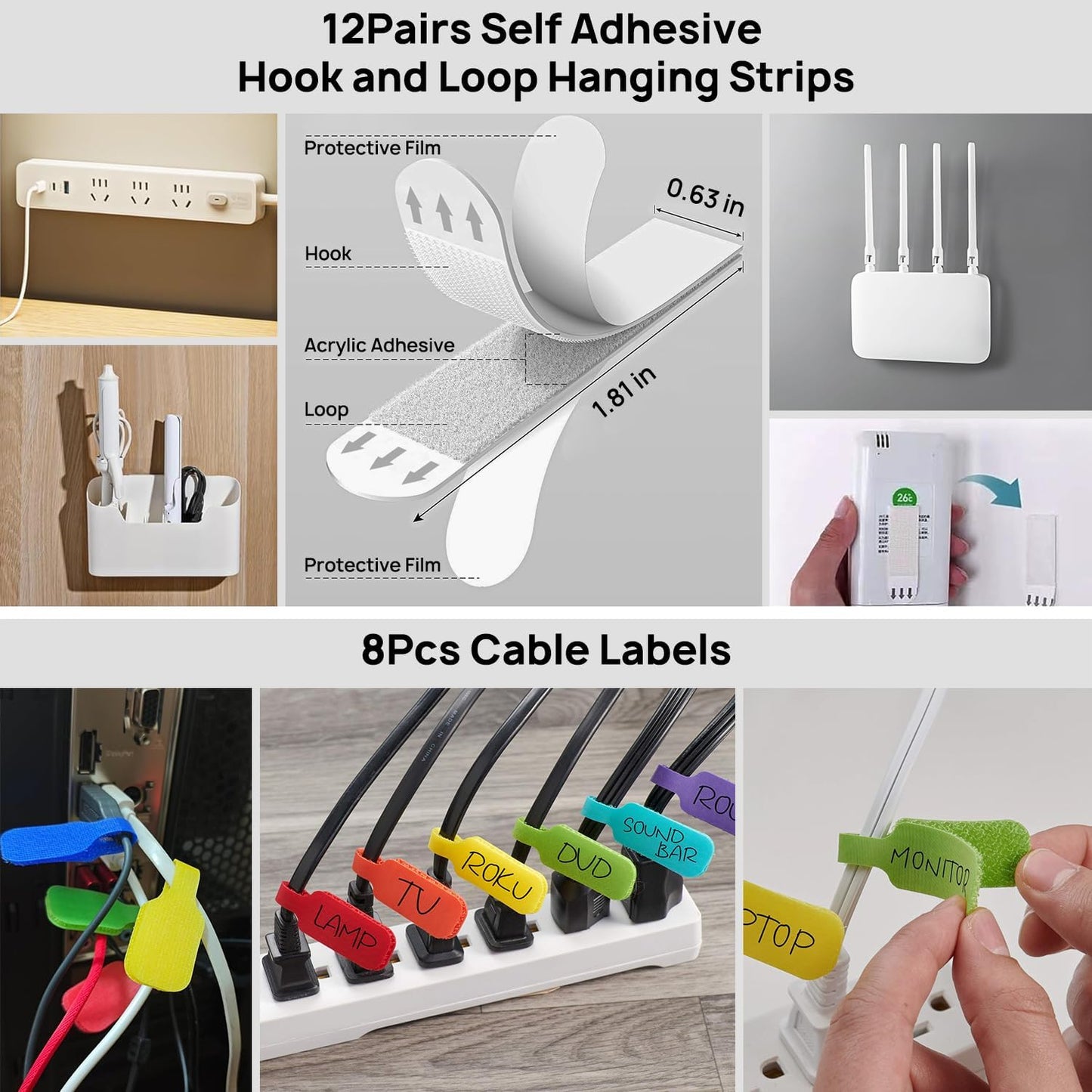 193 PCS Cable Management Kit - 4 Cable Sleeve, 57 Self Adhesive Cable Clips, 12 Hanging Strips, 12 Cable Organizer Straps and 100 Fastening Cable Ties for TV Computer Under Desk (White)
