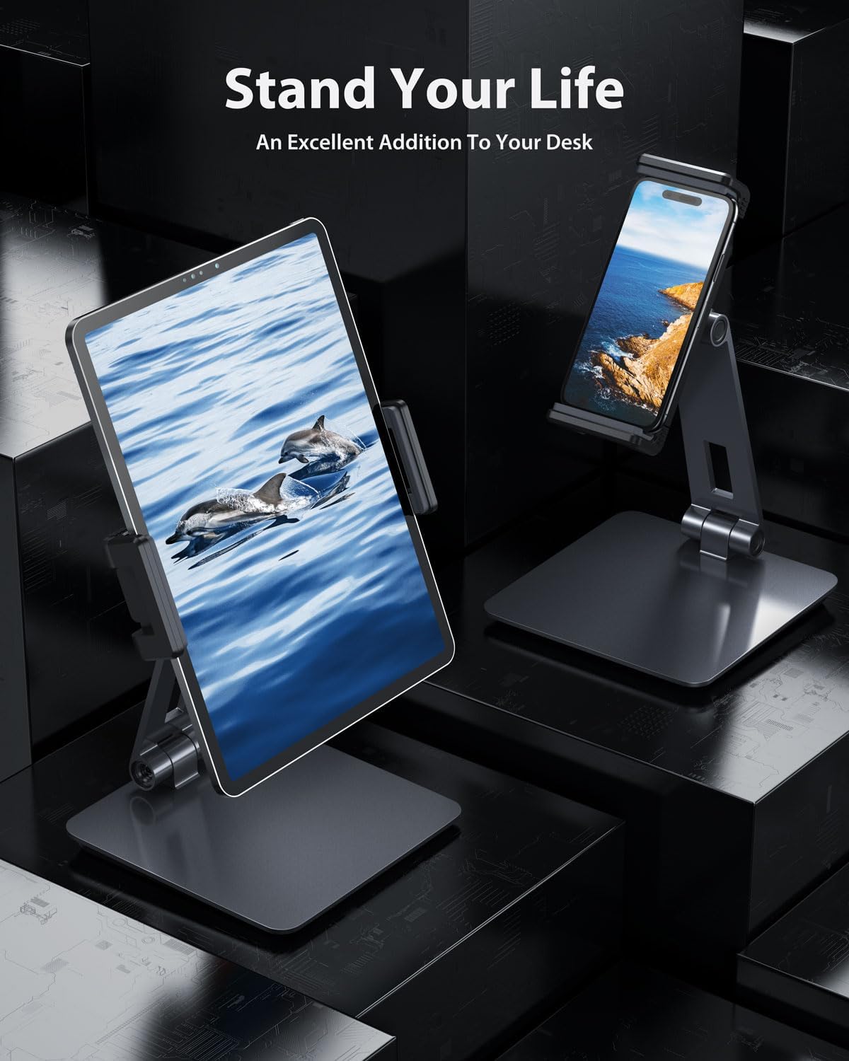 Maxonar iPad Stand Holder, Heavy-Duty Aluminum Alloy Tablet Stand, 360° Swivel Foldable iPad Pro Air Charging Stand Holder for Desk Bed Store POS Showcase Reception Kitchen Office (6-13''), Grey