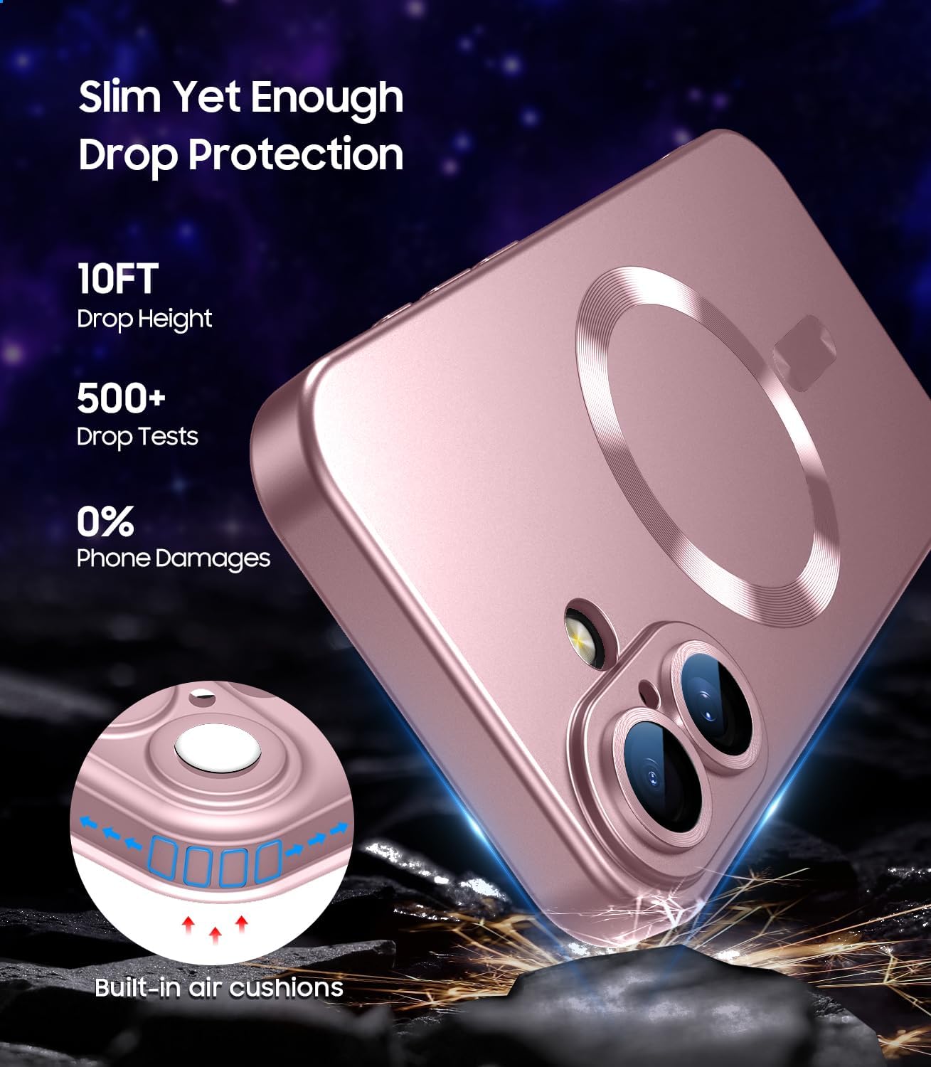 Magnetic for iPhone 16 Case [Compatible with MagSafe][Built-in Camera Lens Protector] Slim Soft Silicone Bumper Shockproof Metallic Luster Phone Case (Rose Gold)