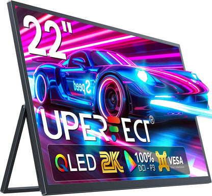 UPERFECT 22" QLED 2K Portable Monitor w/VESA & 180° Adjustable Stand, 2560×1440 QHD FreeSync IPS HDR Gaming Display, USB-C HDMI Travel Second Monitor for Laptop, Switch, Phone