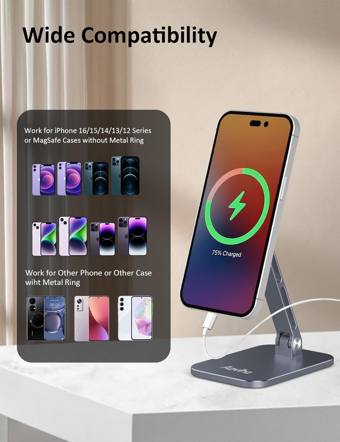 Magnetic Phone Stand for MagSafe Adjustable - Aluminum Portable Phone Holder for Desk with 360° Rotating Head Compatible with iPhone 16/15/14/13/12 Pro Max and Magnetic Phone Case, Grey
