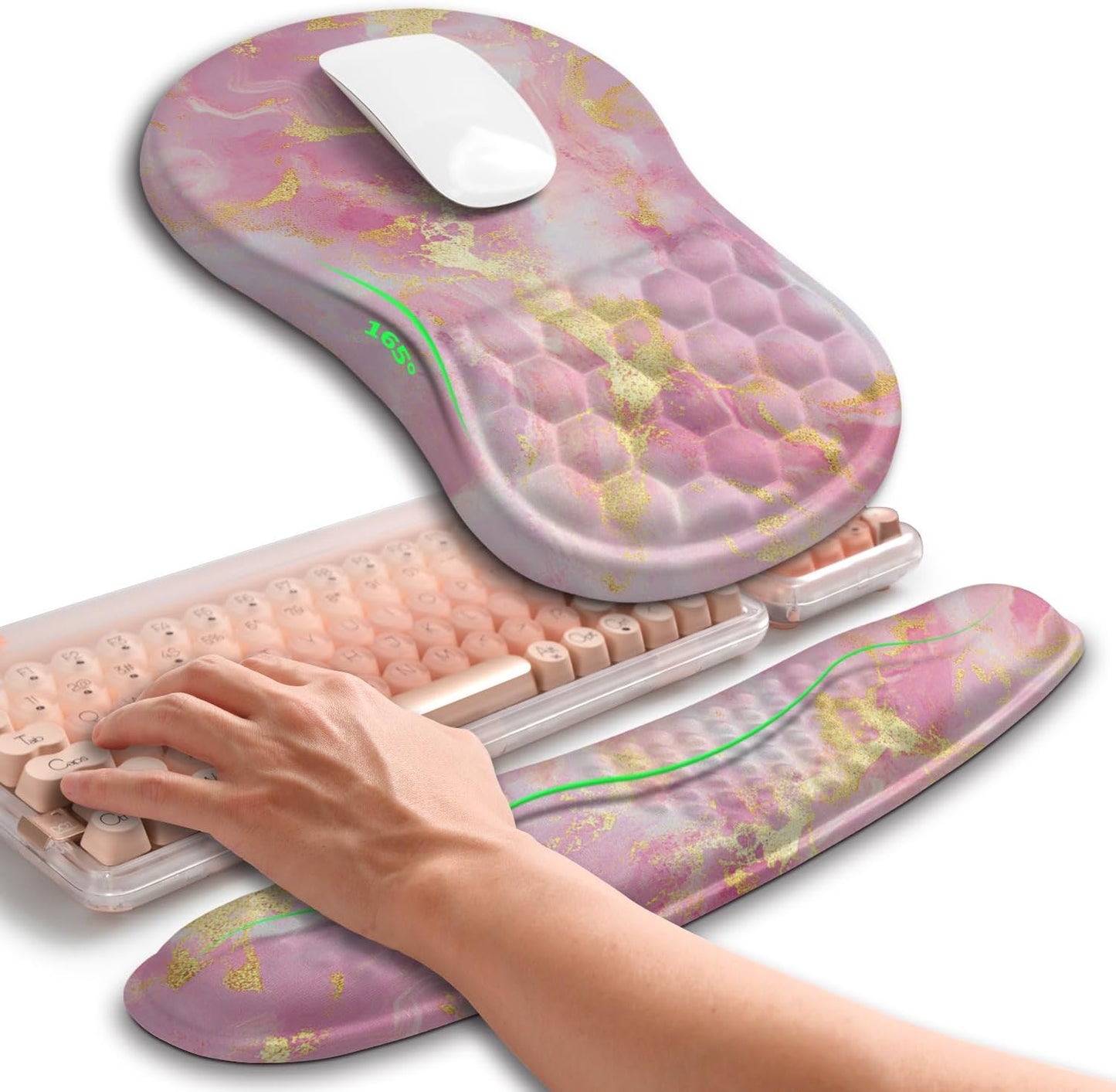 Hokafenle 2in1 Combination, Wave Keyboard Wrist Rest and Ergonomic Curvature Mouse Pad Wrist Support for Relieve Wrist Pain, Filled with Soft Cushion Memory Foam, Golden Pink Marble