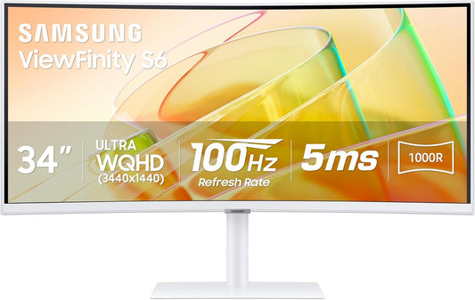 Samsung 34” ViewFinity (S65TC) Series Ultra-WQHD 1000R Curved Computer Monitor, HDR10, 100Hz, AMD FreeSync, Thunderbolt 4, Height Adjustable Stand, Built-in Speakers, Eye Care, LS34C650TANXGO, 2024