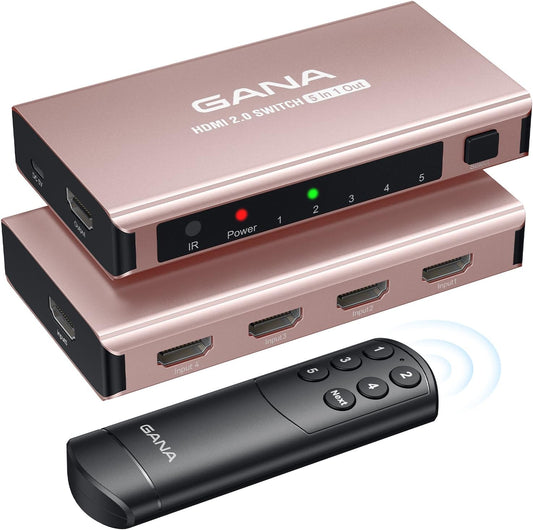 HDMI Switch 5 in 1 Out 4K@60Hz, GANA HDMI Splitter Switcher with Remote, Aluminum HDMI 2.0 Switch Box Hub for 3D, HDCP2.2, HDR, Compatible with Xbox, PS5/4/3,Fire Stick,Roku,Blu-Ray Player, Rose