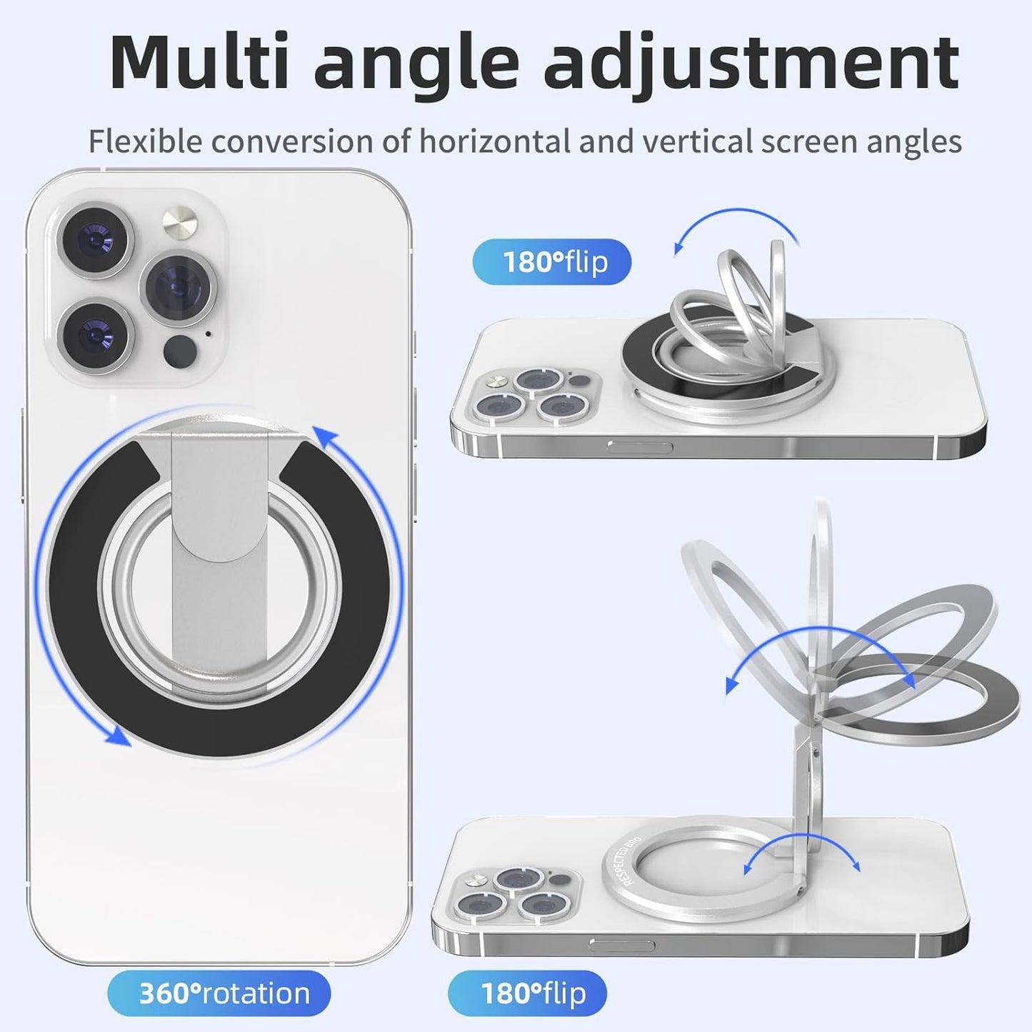 Magnetic-Phone-Ring-Holder with Dual Rings, Compatible with iPhone 16/15/14/13/12, Multifunctional Stand for Desk,Office,Gym,Kitchen & All Metal Surfaces, Finger Loop Grip (Silver)