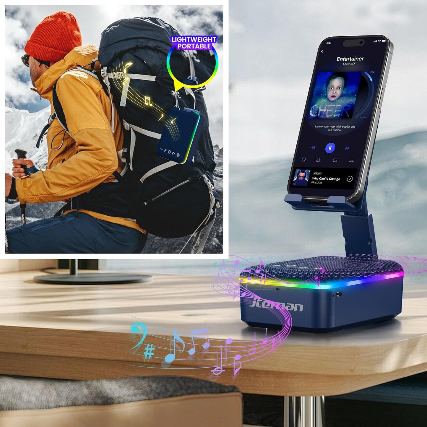 JTEMAN Gifts for Men Women,Cell Phone Stand with Bluetooth Speaker,LED Light,and Lanyard,Cool Tech Gadgets,Unique Birthday Gifts for Men Husband Mom Dad-Blue