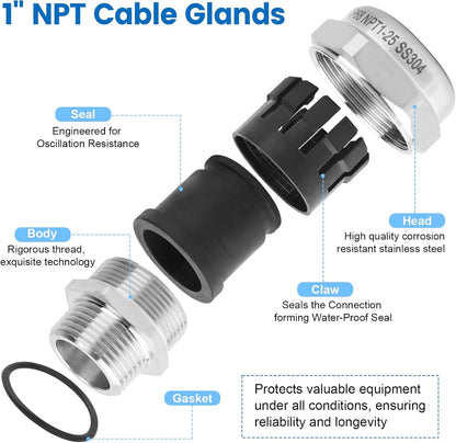 1" NPT Stainless Steel Waterproof Cable Gland, IP68 Waterproof Adjustable Cable Glands, Strain Relief Cord Grip Connectors with Gaskets and Locknut for 18-25mm Cable Diameter