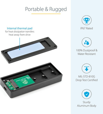 StarTech.com USB-C 10Gbps M.2 NVMe PCIe SSD Enclosure - Rugged Aluminum External M.2 PCIe M-Key Case IP67 Rated - 1GB/s Read/Write - Supports 2230/2242/2260/2280 - TB3 Compatible - Mac/PC, TAA