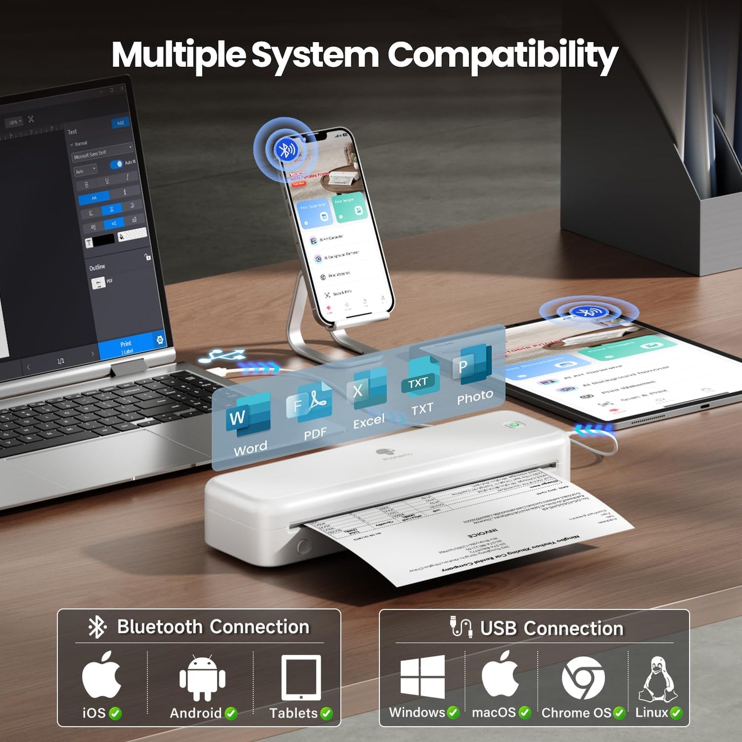 Phomemo Portable Printers Wireless for Travel [Upgraded],M834 Bluetooth Thermal Printer 8.5" x 11"& A4 Size,Inkless Mobile Printer with Carry Case for Travel,Office,School,Car,Home,White