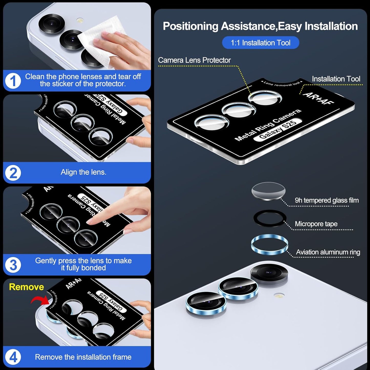 for Samsung Galaxy S25 Camera Lens Protector, Individual Metal Ring Tempered Glass Lens Cover, [Strong Adsorption] Scratch Resistant Ultra-Thin HD Clear Lens Cover, 1 Set-Blue Ring