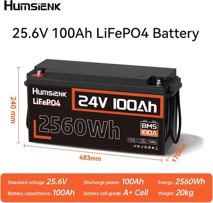2 Pack 24V 100Ah LiFePO4 Lithium Battery, Built-in 100A BMS with Low-Temp, 15000+ Deep Cycles 10 Years Lifespan, 2560Wh Lithium Iron Phosphate Battery, for RV Solar Energy Off Grid