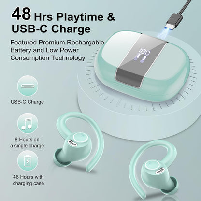 Wireless Earbuds Bluetooth 5.3 Headphones Sports, 48Hrs Playtime Bluetooth Earbuds with CVC 8.0 Mic, Stereo Bass Over Ear Bud with Earhooks, LED Display, IP7 Waterproof Earphon for Running Misty Blue