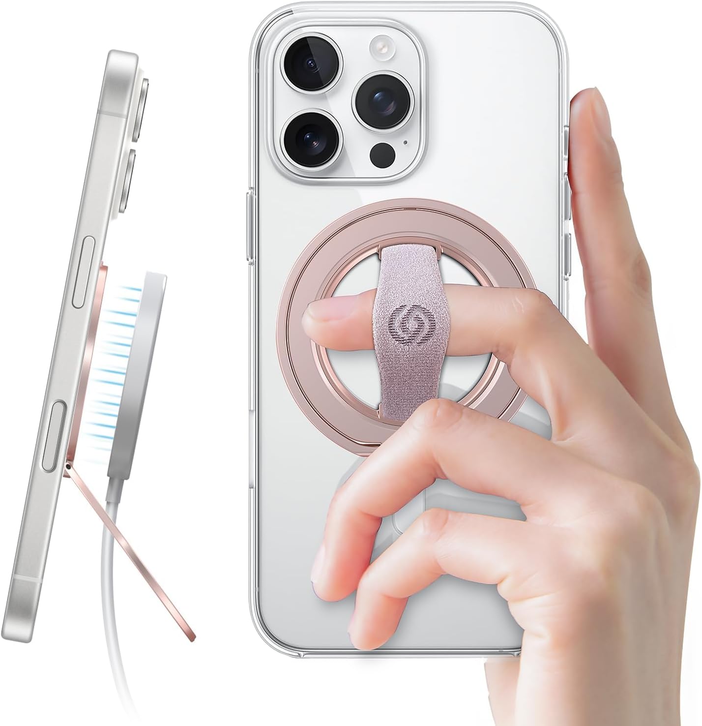 EWA MagOne 3rd Gen [Compatible with MagSafe] Phone Grip Stand with Finger Strap, Removable Magnetic Ring Holder Kickstand Loop for iPhone 16,15, 14, 13, 12 Series-(Pink)