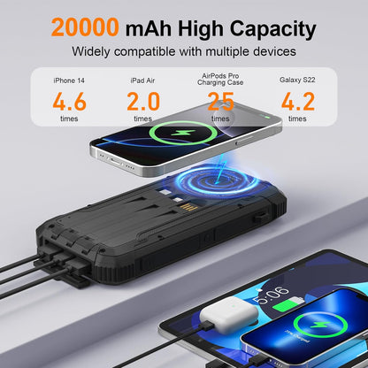 Solar Power Bank 20000mAh Wireless Portable Charger Built-in 3 Cables 15W USB-C Fast Charging Battery Pack Compatible with iPhone, Samsung, iPad, Emergency LED Flashlights Perfect for Camping, Hiking