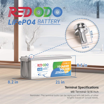 Redodo 12.8V 200AH Low Temp Cutoff LiFePO4 Battery with 100A BMS, Deep Cycle Rechargeable Lithium Battery 1280W 4000+ Cycles, Perfect for Trolling Motor, RV, Solar and Off Grid Applications