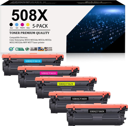 508X Toner Cartridge Combo Pack (5-Pack, 2Black/1Cyan/1Magenta/1Yellow) Replacement for HP 508X 508A 508 Toner CF360X CF361X CF362X CF363X Compatible for M553 M552 553 MFP M577 Series Printer
