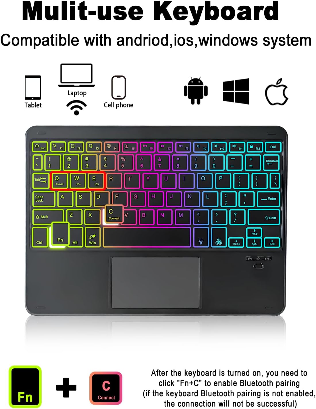 Universal Touchpad Keyboard Case for 9.7,10.1,10.2",10.5",10.9",11" Tablet, Rainbow Backlight TrackPad Keyboard with Type-C Charging Port fit 9.7-11 inch Android/iOS/Windows (Black)