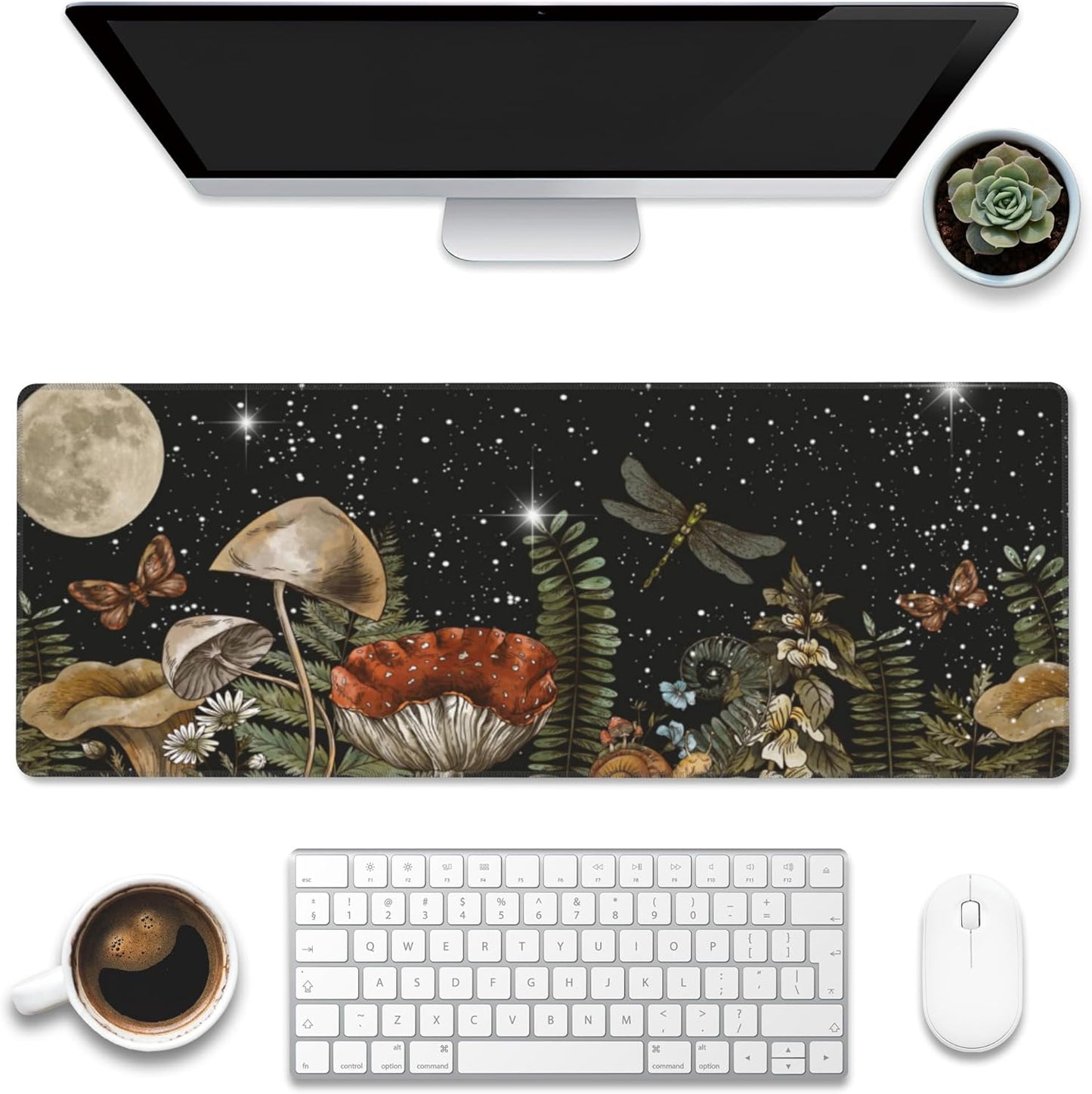 Large Gaming Mouse Pad for Desk,Cute Forest Mushroom Desk Mat,Starry Night Mushroom Desk Pad,Extended Big Computer Keyboard Mouse Pad with Non-Slip Base and Stitched Edge,31.5"x11.8"
