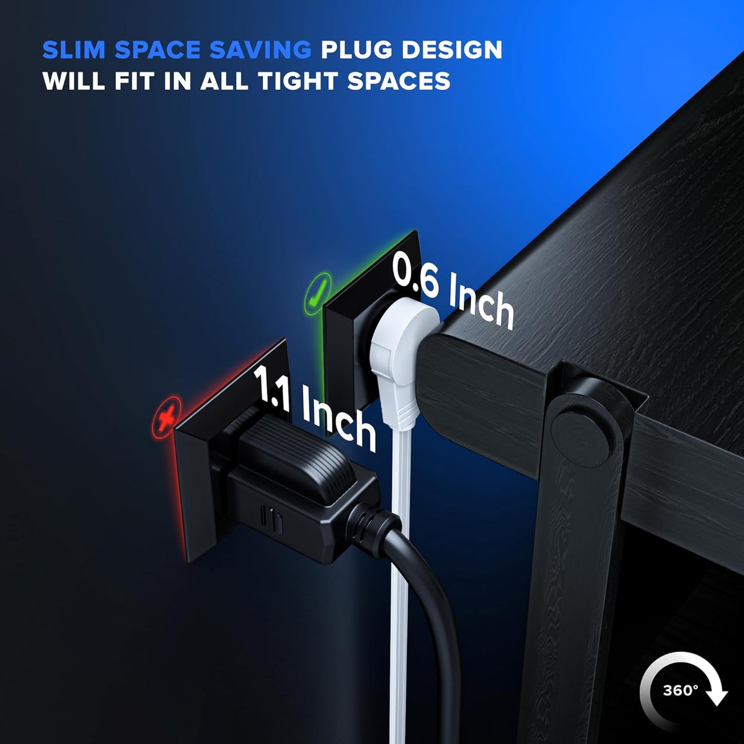 Maximm Cable 4 Ft 360° Rotating Flat Plug Extension Cord, 16/3 AWG Multi 3 Outlet 3-Prong Grounded Wire- White - UL Certified