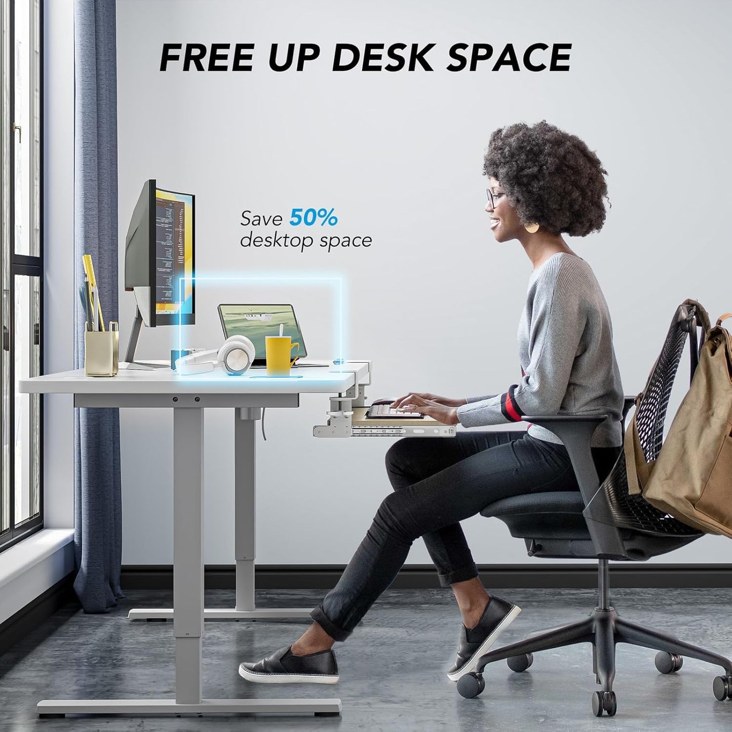 AX WABER Keyboard Tray Under Desk Pull Out with Extra Sturdy C Clamp Mount System, 27.3 (32.5 inch Including Clamps) x 11 Inch Slide-Out Platform Computer Drawer for Typing Grain AX01WG01