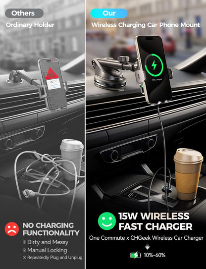 CHGeek Wireless Car Charger with Phone Holder Mount, 15W Fast Charging Auto Clamping Phone Holders for You Car Windshield Dashboard Air Vent Accessories for iPhone, Samsung Galaxy, Google, etc