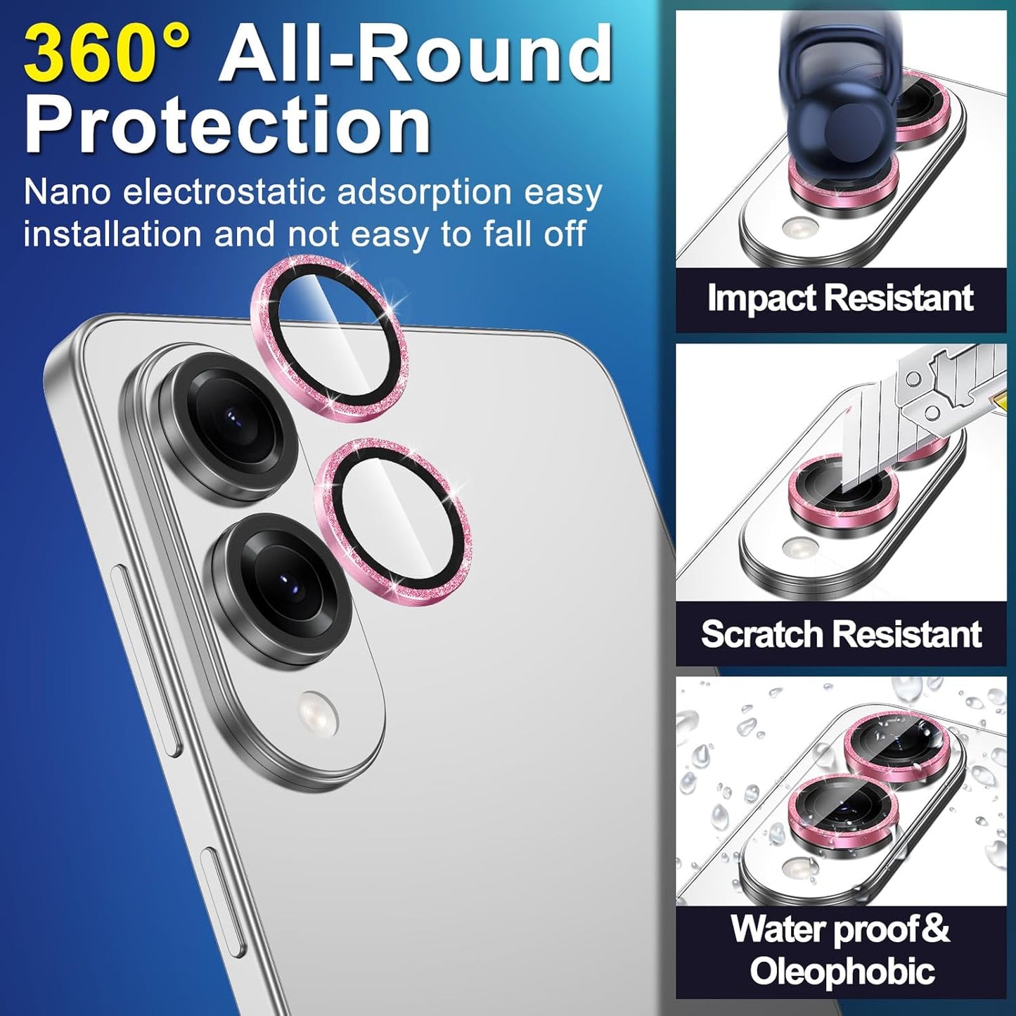 for Samsung Galaxy S25 Edge Camera Lens Protector, Individual Metal Ring Tempered Glass Lens Cover, [Strong Adsorption] Scratch Resistant Ultra-Thin HD Clear Lens Cover, 1 Set-Pink Sparkly