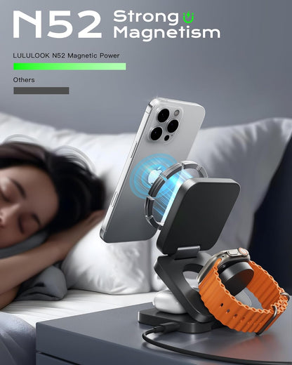 Qi2 Certified 3 in 1 Travel Charger MagSafe Compatible, Upgraded Foldable Wireless Charger Stand, Mag-Safe 3 in 1 Charging Station,15W Fast Charging for iPhone 17/16/15/14/13/12, Apple Watch, AirPods