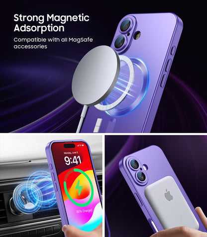 Magnetic for iPhone 16 Case [Compatible with MagSafe][Built-in Camera Lens Protector] Slim Soft Silicone Bumper Shockproof Metallic Luster Phone Case (Purple)