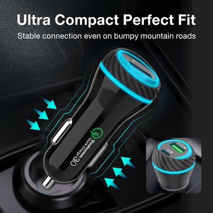 MOCA 51W QC 3.0 Fast Charging W/ 2pcs 3.3ft A-P/C-P Cable Car Charger for iPhone 16/15/14 Pro Max/Plus/16e, iPad, Samsung Galaxy S25/S24/S23 Ultra, Pixel, Android, PD/QC Car Phone Adapter Accessories