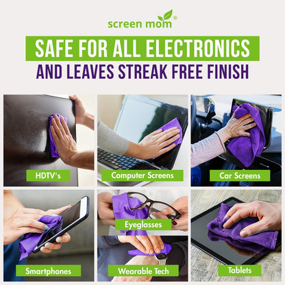 Screen Cleaner Spray and 4 Microfiber Cloths Bundle 8oz & 2oz, by Screen Mom, Eyeglasses or Monitor Screen Cleaner Spray and Wipe, Electronic Cleaner Spray, Car Screen Cleaning Kit