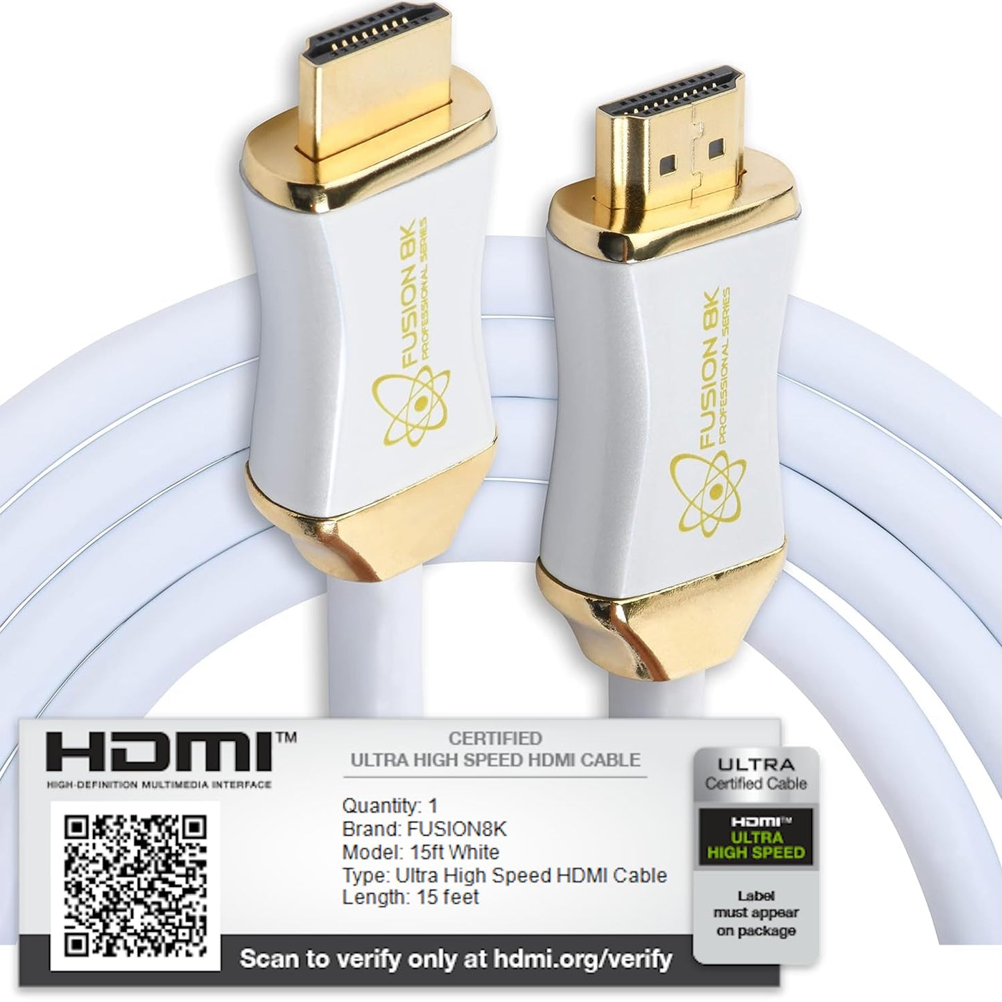 White HDR HDMI 2.1 Certified Cable Supports 10K 8K @60Hz and 4K @120Hz Compatible with Dolby Vision and All TVs, BluRay, Xbox Series X, PS5 (15 Feet)