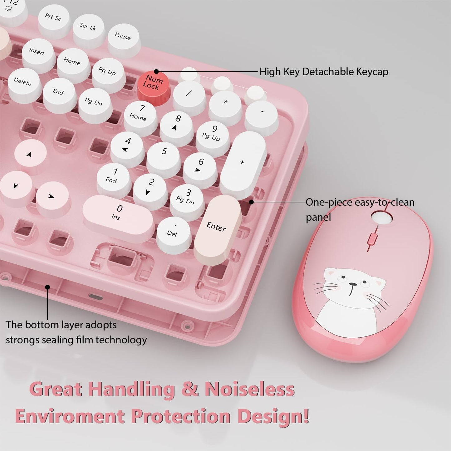 Wireless Keyboard,KOOTOP Cute Colorful 104 Keys Typewriter Retro Round Keycaps Keyboard for PC Laptop,Desktop,Windows, Home and Office Keyboards (Pink)