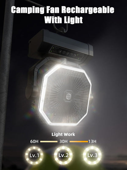 Portable Rechargeable Fan - 9-Inch Camping Fan for Tent, 20000mAh(60Hrs) Battery Operated Fan for Camping, Auto Oscillation Cordless Fans, Tent Fans with Remote/Light, 4 Speeds, 4 Timing, Outdoor