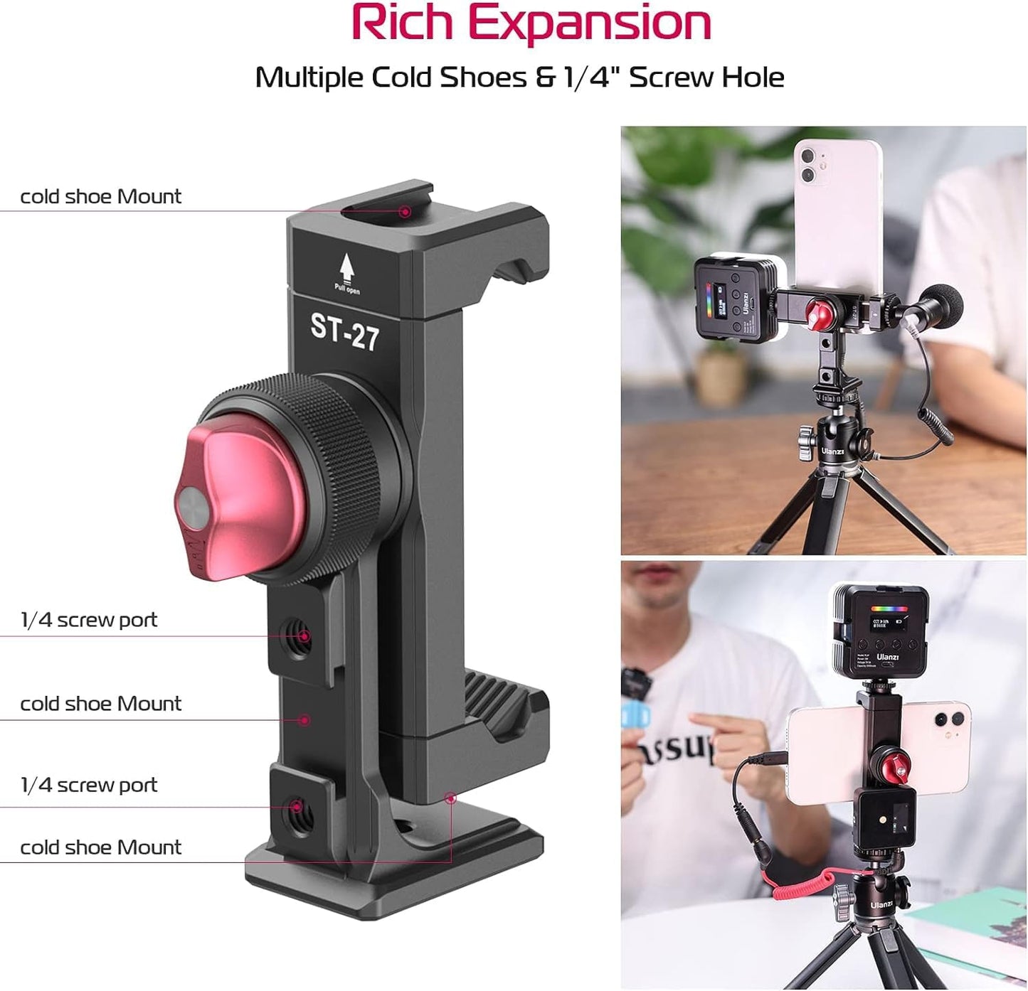 Metal Phone Tripod Mount 3 Cold Shoes & Arca Port, 360° Smartphone Tripod Adapter for iPhone 17 16 15 Cell Phone Stand Holder for Desktop Video Live Streaming Vlogging Rig