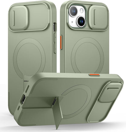 SURITCH for iPhone 15 Case with Magnetic Camera Slide Cover and Adjustable Kickstand, Compatible with MagSafe, Shockproof Bumper Case Slim Protective Cover 6.1 Inch, Green