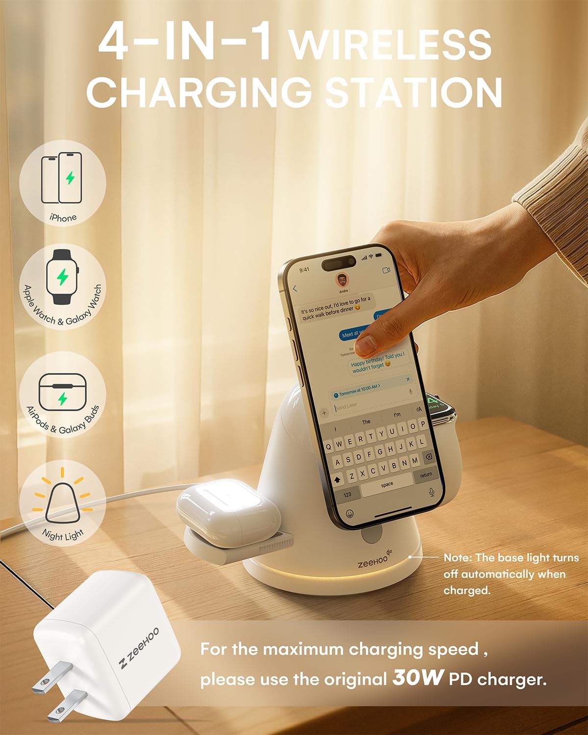 ZEEHOO 4 in 1 Wireless Charging Station for Apple,Mag-Safe Charger&Dimmable Light,Qi2 15W Rotating Fast Wireless Charger for iPhone 16,15,14,13,12&Pixel 10&iWatch&Samsung Watch&AirPods(30W Adapter)