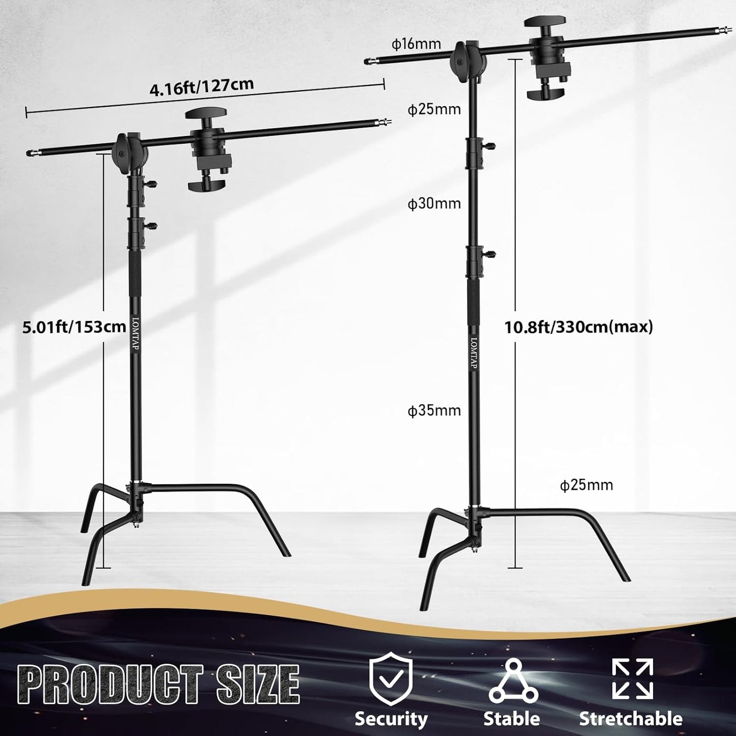 LOMTAP C Stand Light Stand Stainless Metal Photography Kit - Heavy Duty 10.8ft/330cm Vertical Pole, 4.2ft/128cm Boom Arm, Adjustable Base, Water Sandbag, 2 Grip Heads, 3 Clips for Softbox, Reflector