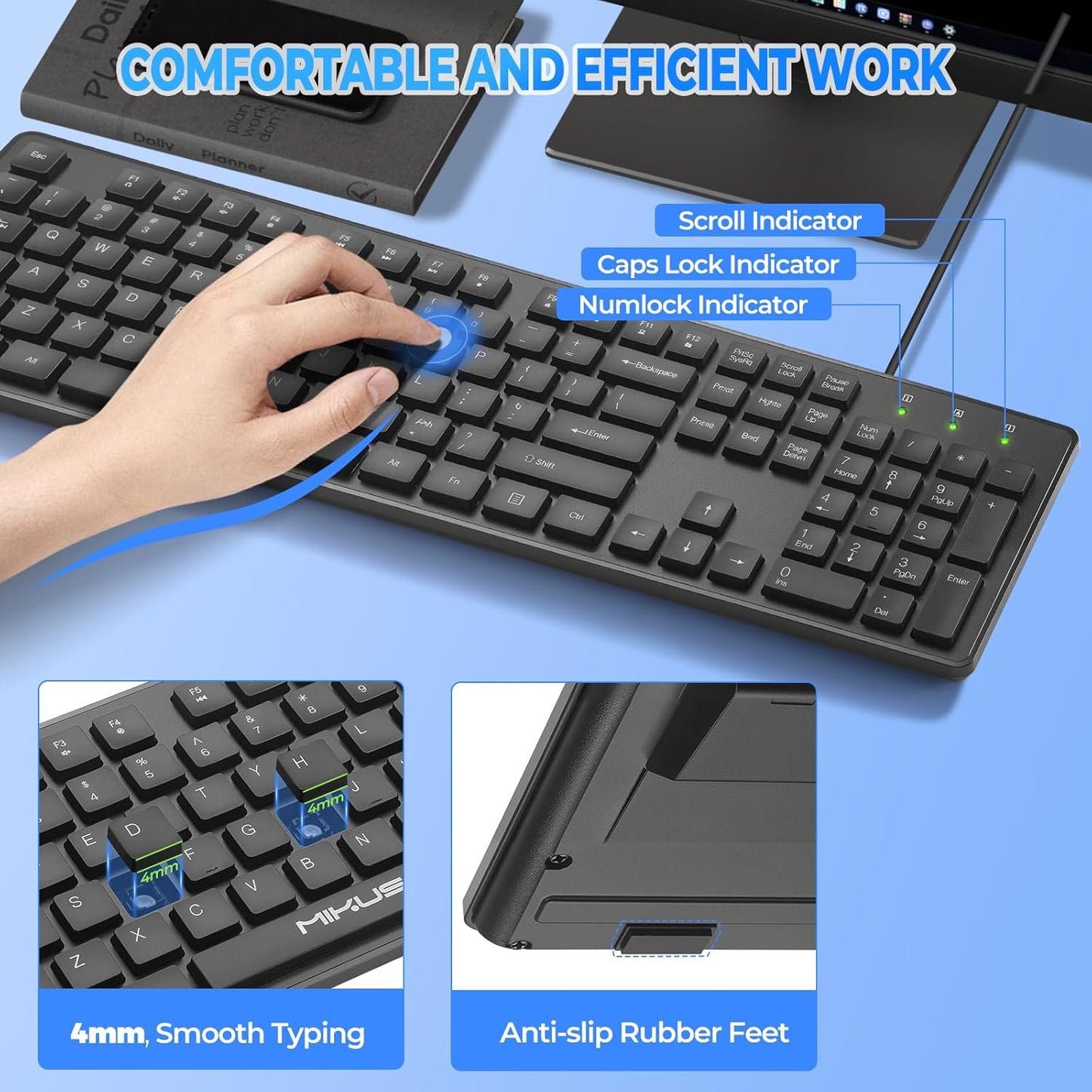 Wired Computers Keyboard with Cover Comfortable Hand Feel,Laser Engraved Characters,12 Multimedia Keys USB Interface Suitable for Laptop PC,Full Size 104 Keyboards, Plug and Play, Office