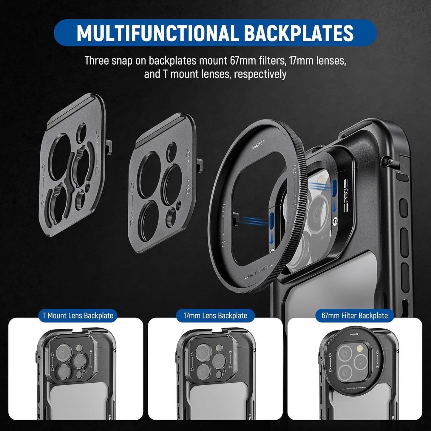 NEEWER 16 Pro Cage, Quick Release Video Rig Phone Stabilizer Compatible with iPhone 16 Pro with 67mm Filter Adapter, 17mm Lens Backplate, T Mount Lens Adapter Compatible with Moment, PA073