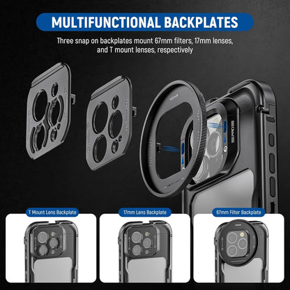 NEEWER 16 Pro Cage with Two Quick Release Side Handles, Phone Video Rig Kit with 67mm Filter Adapter, 17mm Lens Mount, T Mount Lens Adapter Compatible with iPhone 16 Pro (PA073+PA045E+PA045B)