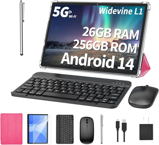 Android Tablet with Keyboard, 26GB RAM, 256GB ROM(1TB Expand), 10.1 inch Android 14 Tablet, 8000mAh Battery, BT 5.0, GMS Certified, 2.4G&5G WiFi, 2 in 1 Tablets with Mouse, Case, Stylus(Pink)