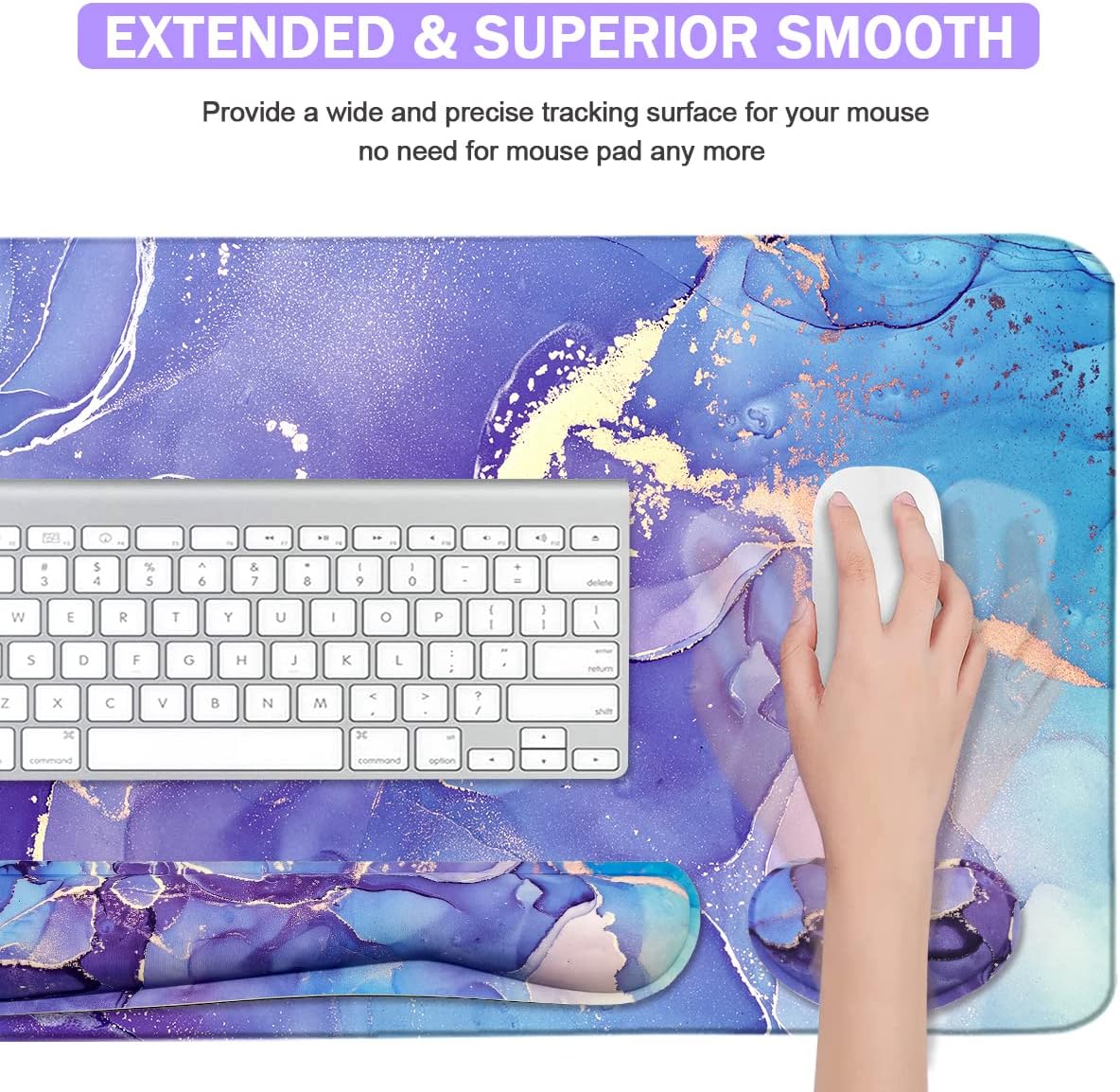 Large Mouse Pad and Keyboard Wrist Rest, Desk Pad for Keyboard and Mouse, 4-in-1 Large Gaming Mouse Pad with Wrist Support - Purple Marble